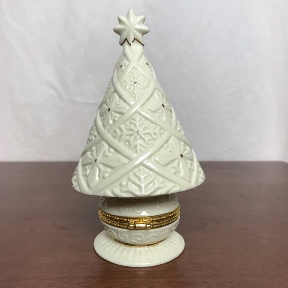 Beautiful White and Gold Tone 6.5" Tall Ceramic Christmas Tree Trinket Box - Picture 4 of 9